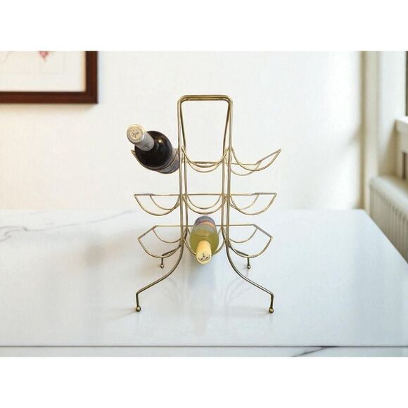 Vintage Gold Brass Wine Rack 9 Bottle Liquor Holder Bar Caddy w Handle MCM Retro - Picture 2 of 12